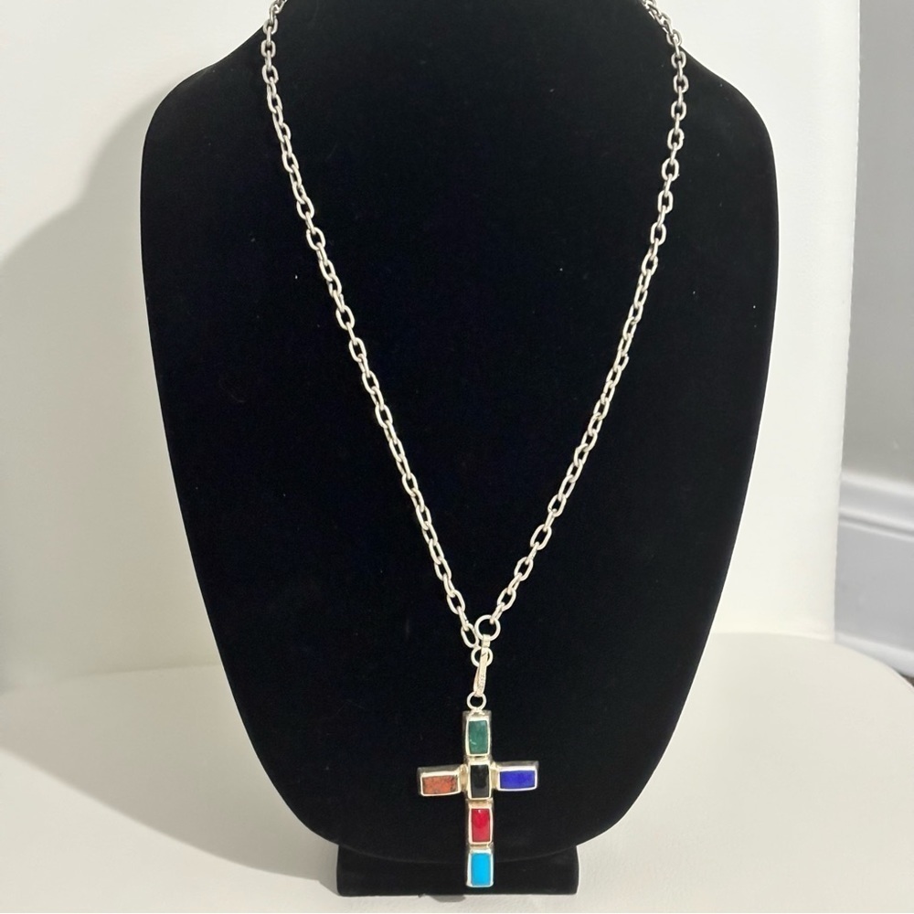 Sterling silver taxco Eagle 3 Navajo necklace with natural stones